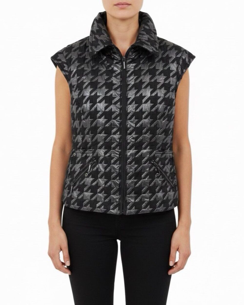 Eccoci Womens Quilted Puffer Vest Size 10 Black Gray Houndstooth Zip Vest